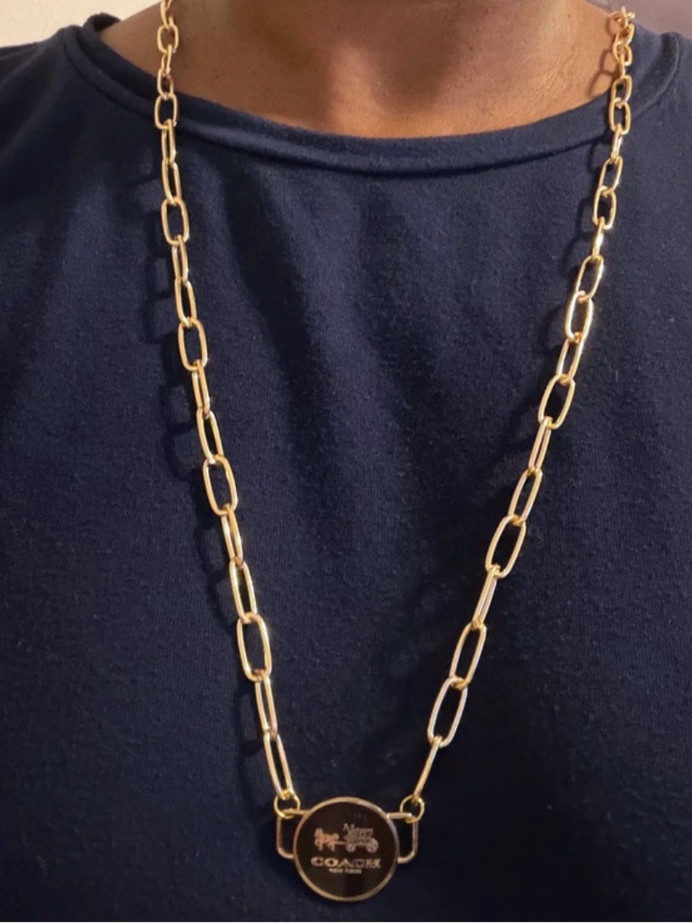 Coach Gold Link Chain Necklace with Round Logo Medallion